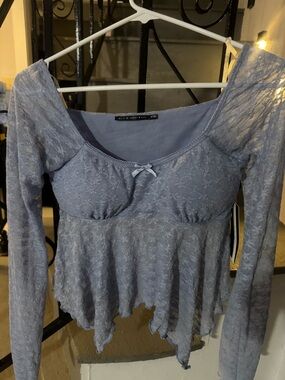 Heart & Hips Dusty Blue Lace Peplum Long-Sleeve Top